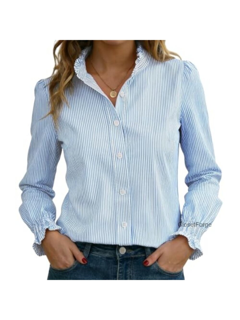 Women's Striped Long Sleeve Button Down Shirt with Ruffle Collar & Smocked